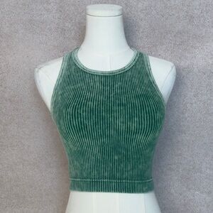Zenana Outfitters Mineral Washed Jade Green Ribbed Racerback Crop Top